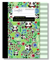 blank sheet music manuscript for kids, with cartoon panda and musical notes