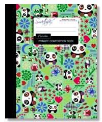 Primary composition or school exercise book with a panda bear surrounded by butterflies, owls and bees