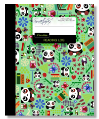 panda reading log for kids with a cartoon panda surrounded by stacks of books