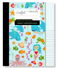 a primary composition book for creative handwriting. With handwriting lines, a cover picture with musical singing dolphins, mermaids and a goofy octopus