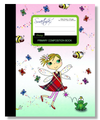 Primary composition book, alll lined, with a fairy with butterflies around her head on the front