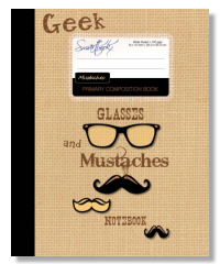 primary composition notebook all lines with geek spy glasses and mustaches cover design