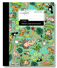primary composition notebook all lines with jungle elephants, giraffe, toucan, baby tigers and cheeky monkeys
