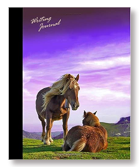 Horse writing journal with purple sunset. A lined paper notebook ideal for a personal journal