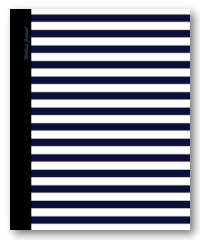 A personal writing journal with traditional thick navy blue and white striped cover design