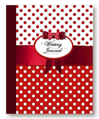 a red polka dot journal to use as a personal writing journal. Notebooks pages are numbered.