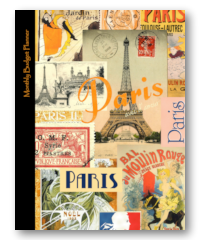 monthly buget planner book with paris themed cover design