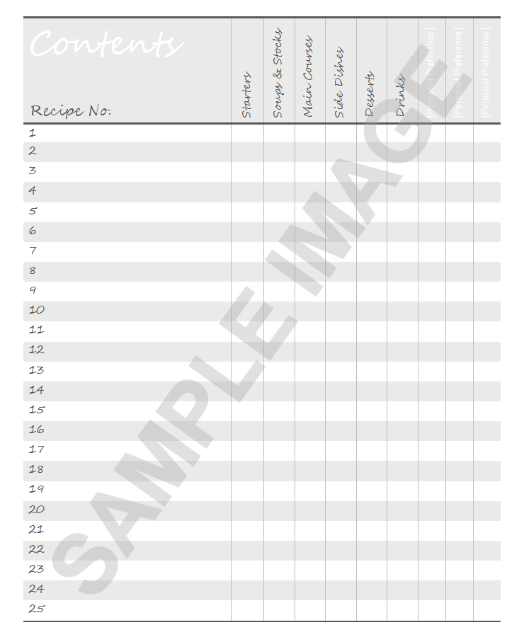 Blank Recipe Book Contents Page -smART bookx