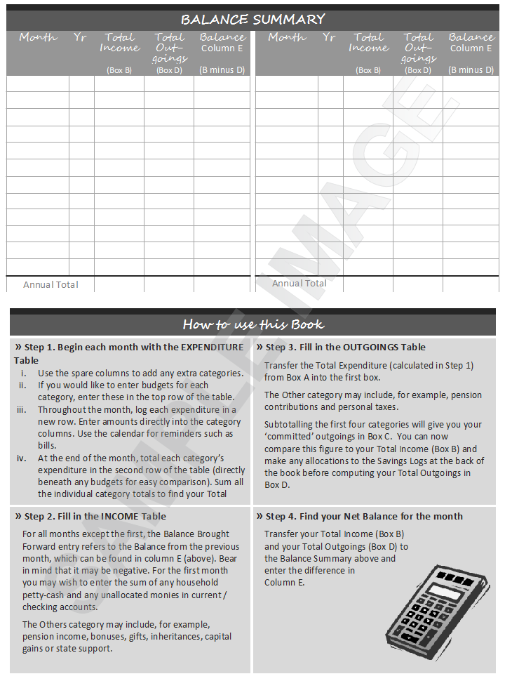 back pages of Monthly Budget Planner Book UK