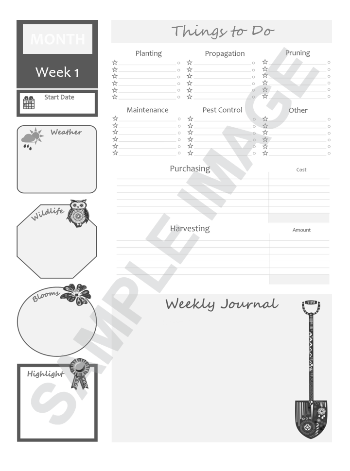 layout of the main weekly planning pages in our smART bookx Garden Planner & Journal